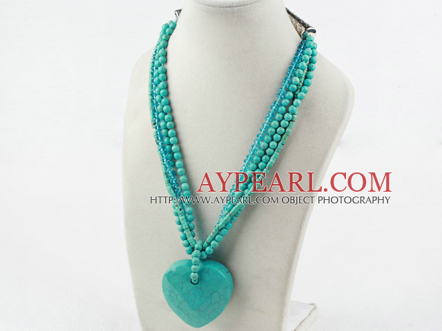 Multi Strand Turquoise and Blue Crystal Necklace with Big Turquoise Pendant