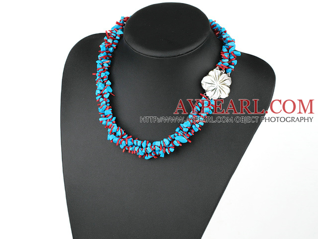three strand turquoise and coral necklace with shell flwer clasp