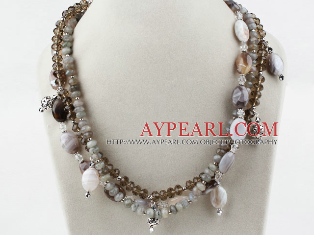 Multi Strand Faceted Flash Stone and Gray Agate and Crystal Necklace