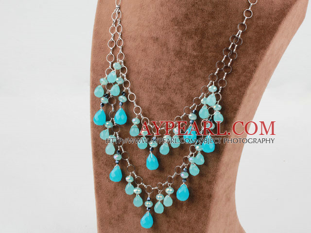 Blue Crystal and Blue Jade Necklace with Metal Chain