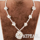 White Freshwater Pearl and Clear Crystal Flower Necklace