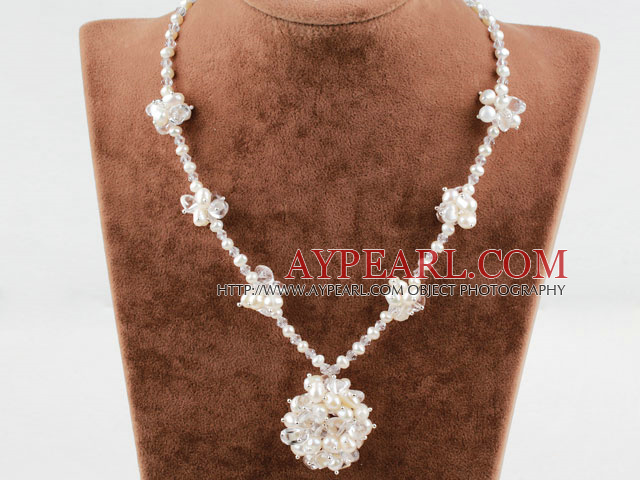 White Freshwater Pearl and Clear Crystal Flower Necklace