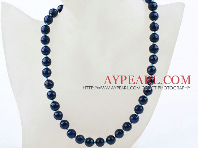 Classic Design 10mm Round Faceted Blue Agate Beaded Necklace