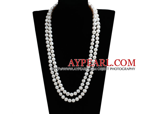 Elegant Mother Gift Long Style Double Strand 10-11mm Natural Near Round White Freshwater Pearl Necklace (Sweater Chain)