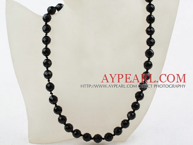 Classic Design 10mm Round Faceted Black Agate Beaded Necklace