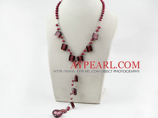 Red Brown Freshwater Pearl and Colored Glaze Necklace with Metal Chain