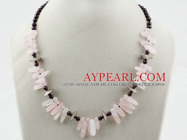 Elegant Round Garnet And Teeth Shape Rose Quartz Beaded Necklace With Lobster Clasp