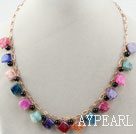 Rhombus Shape Multi Color Burst Pattern Agate Necklace with Metal Chain