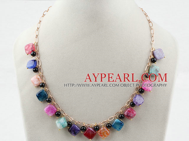 Rhombus Shape Multi Color Burst Pattern Agate Necklace with Metal Chain