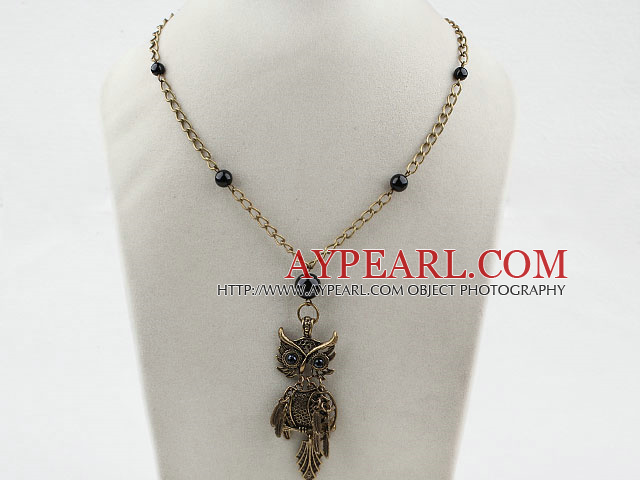 Vintage Stil Sort Agate og Owl anheng Halskjede med Bronse Chain