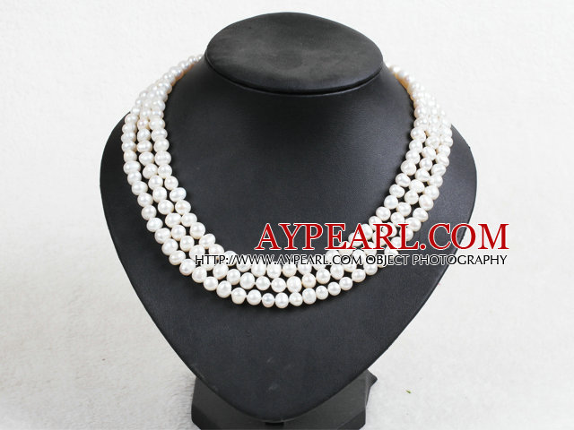 Fashion Party Style 3 Strand Natural 7-8mm White Pearl Necklace With Shell Flower Clasp