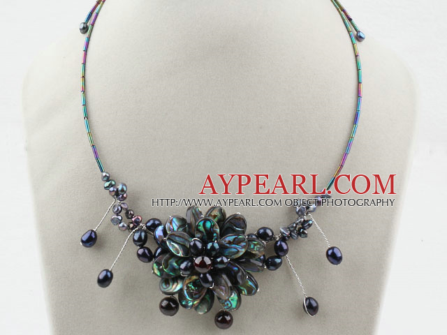 Pearl de apă dulce negru şi Abalone Shell colier de flori