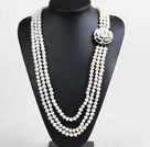 Pretty Fashion 3 Strand 8-9mm Natural Near Round White Freshwater Pearl Necklace (Sweater Chain) With Shell Flower Clasp