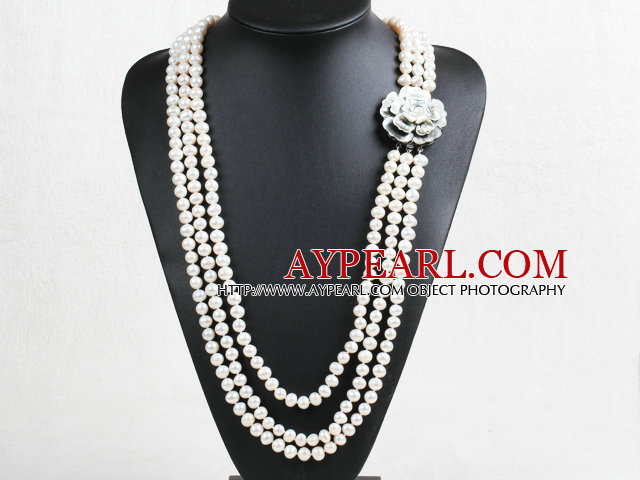 Pretty Fashion 3 Strand 8-9mm Natural Near Round White Freshwater Pearl Necklace (Sweater Chain) With Shell Flower Clasp