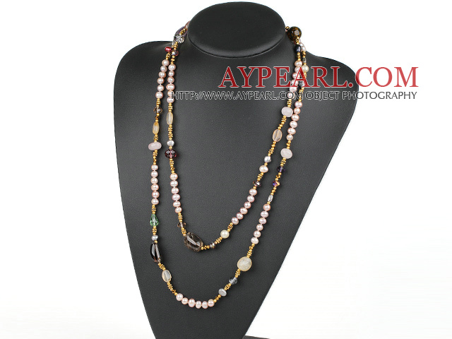 Long Style Pink Freshwater Pearl and Crystal and Multi Stone Necklacr