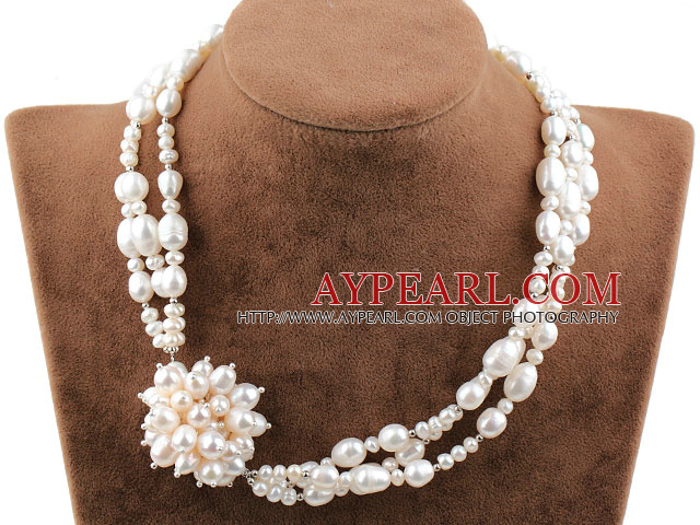 New Design Three Strands Natural White Freshwater Pearl Bridal Necklace