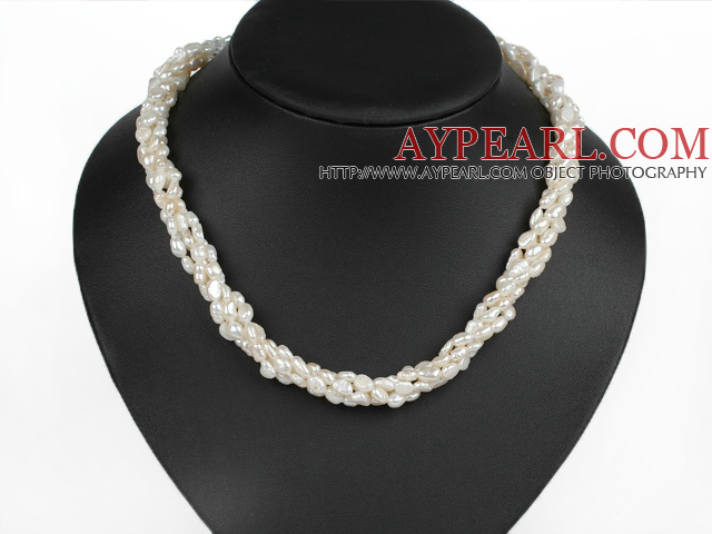 Classic Design Four Strands White Freshwater Pearl and White Crystal Necklace