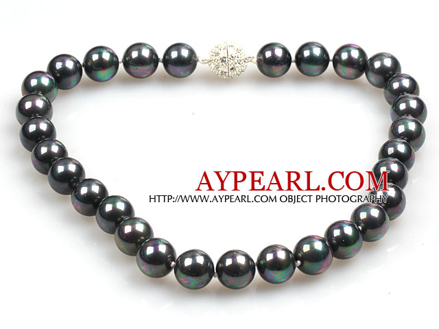 14mm Black with Colorful Round Sea Shell Beaded Necklace with Magnetic Clasp