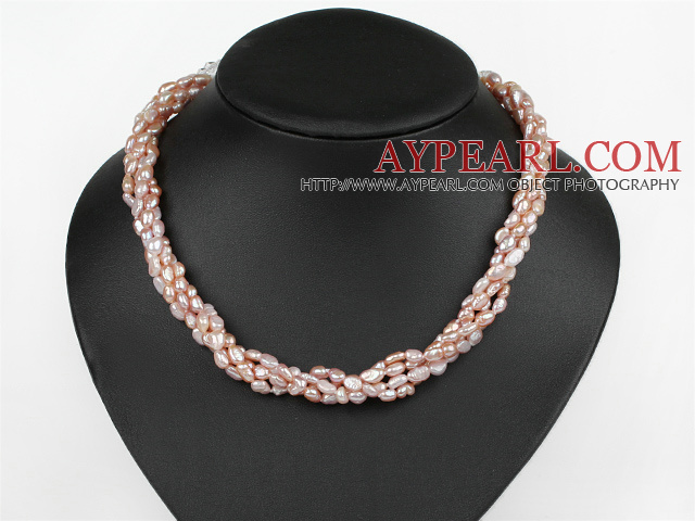 Classic Design Four Strands Purple Freshwater Pearl and White Crystal Necklace