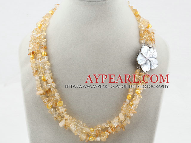 Three Strands Fillet Citrine Chips Necklace with Shell Flower Clasp