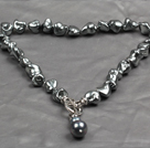 Long Barrel Shape Black Agate and Round White Freshwater Pearl Necklace