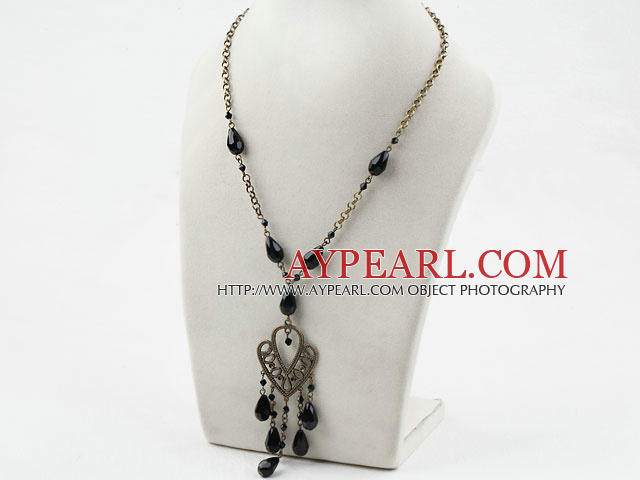 Drop Shape Black Crystal Necklace with Bronze Chain