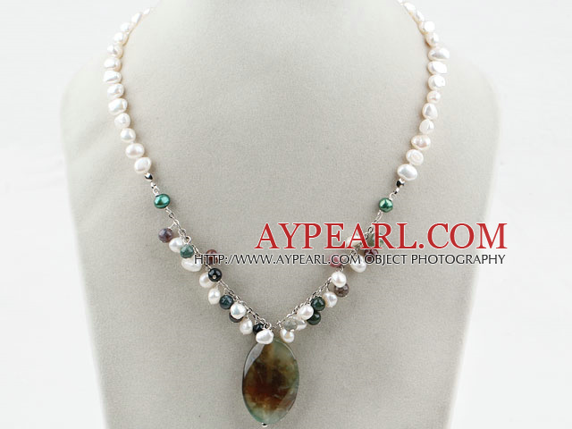 White Freshwater Pearl and Indian Agate Pendant Necklace
