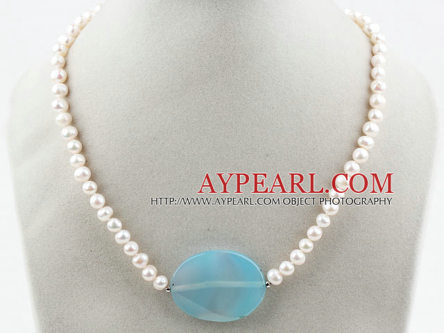 White Freshwater Pearl and Big Blue Agate Necklace