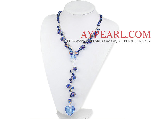 Dark Blue Freshwater Pearl and Blue Colored Glaze Y Shape Necklace