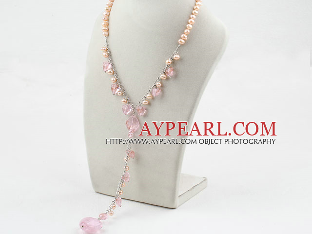 Pink Freshwater Pearl og Pink farget glasur Y Shape Necklace