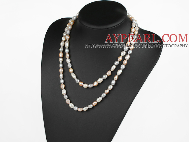 Long Style White Pink Gary Color Freshwater Pearl Beaded Necklace