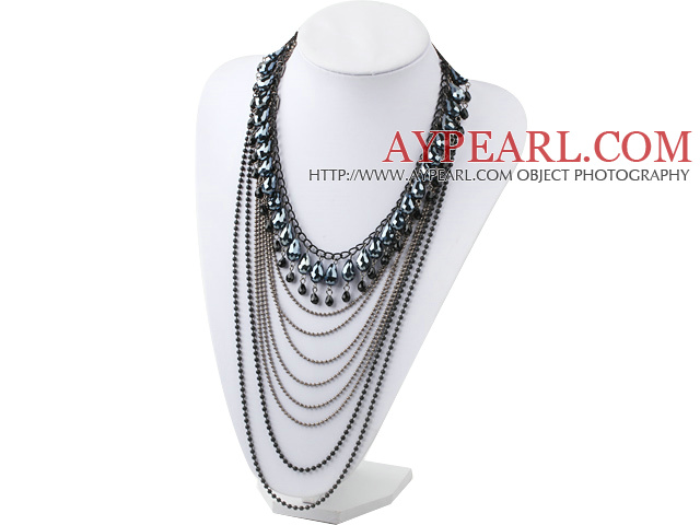 Fashion Style Multi Layer Musta Crystal ja Hematiitti Statement Kaulakoru Metal Chain