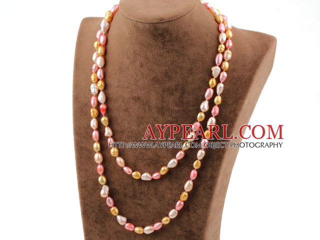 Lang stil Rosa Rød gyllen farge Freshwater Pearl Beaded halskjede