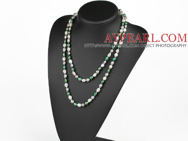 Long Style White Green Gary Color Freshwater Pearl Beaded Necklace