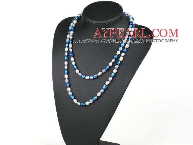 Длинные Стиль White Blue Pearl Цвет пресной воды из бисера ожерелья