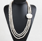 Fashion 3 Strand 8-9mm Natural Near Round White Pearl Necklace (Sweater Chain) With Shell Flower Clasp