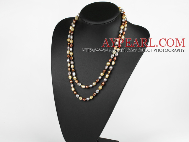 Long Style Gray Brown and Golden Color Freshwater Pearl Beaded Necklace