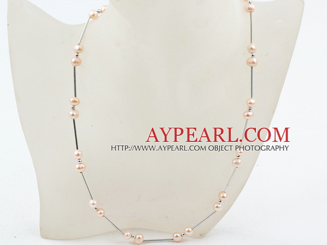 Classic Design Pink Freshwater Pearl Tin Cup Necklace with Lobster Clasp