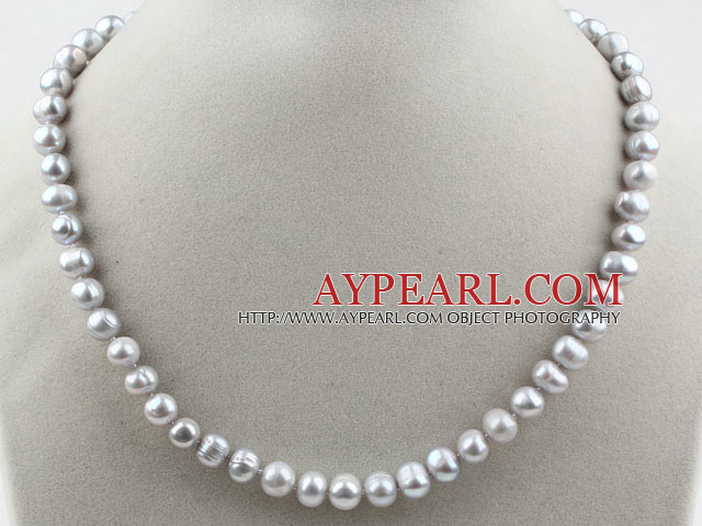 Single Strand 8-9mm Round Gray Freshwater Pearl Beaded Necklace