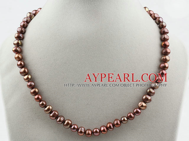 Single Strand 8-9mm Round Brown Freshwater Pearl Beaded Necklace