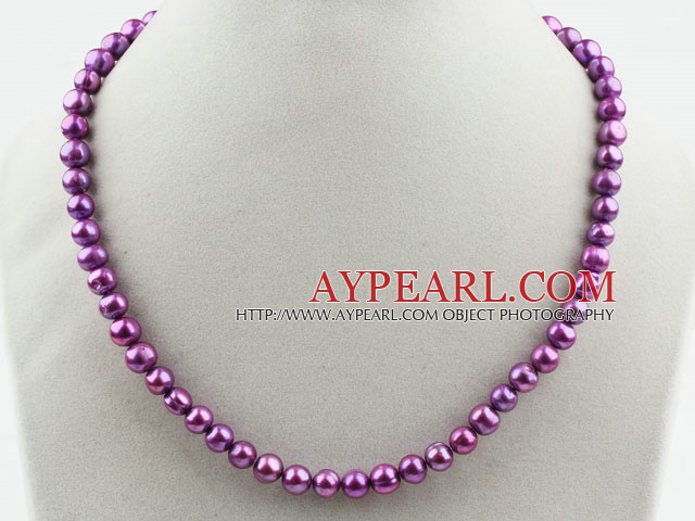 Single Strand 8-9mm Round Dark Purple Freshwater Pearl Beaded Necklace