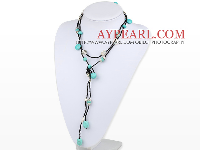 Free Style Turquoise and White Freshwater Pearl Long Style Necklace