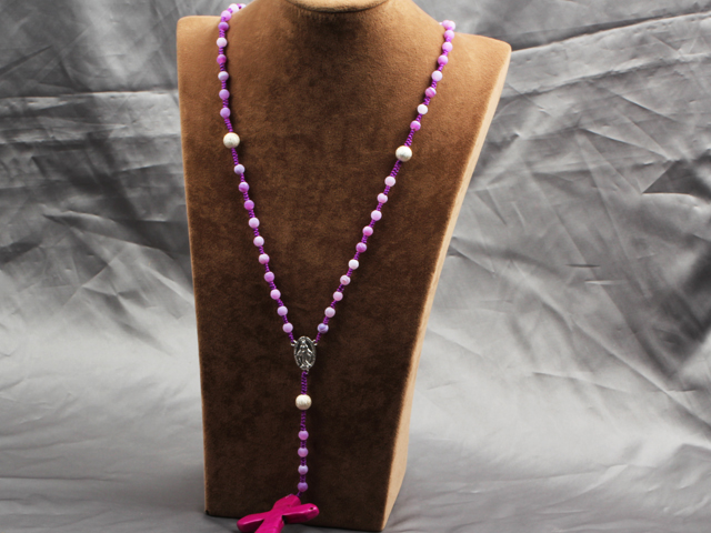 Classic Design Fashion Long Y Shape Light Purple Frosted Banded Agate Necklace With Cross Shape Turquoise Pendant