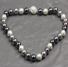 Fashion Single Strand 12Mm Whilte Black Grey Round Seashell Beads Necklace With Rhinestone Magnetic Clasp