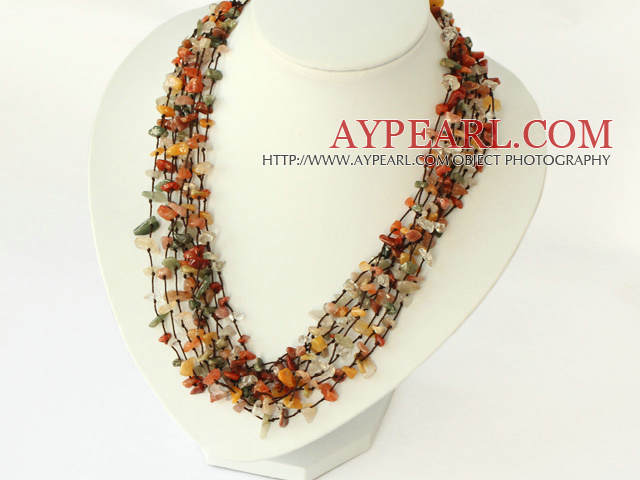 multi strand multi color rutilated quartz necklace with shell flower clasp