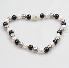 Fashion Single Strand 12Mm Whilte Black Grey Faceted Seashell Beads Necklace With Rhinestone Magnetic Clasp