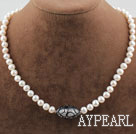 Single Strand 7-8mm Round White Freshwater Pearl and Black Colored Glaze Necklace