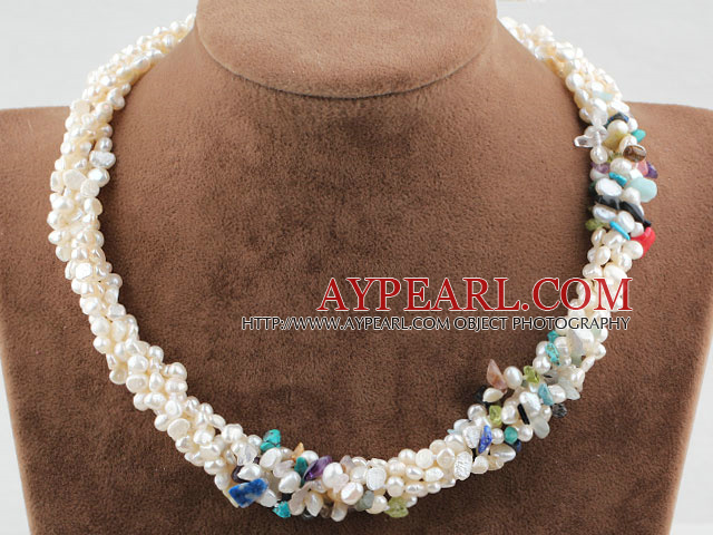 Five Strands White Freshwater Pearl and Multi Color Chips Necklace