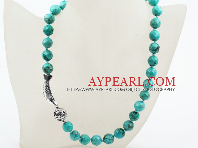 Classic Design 12mm Round Faceted Turquoise Beaded Necklace with Tibet Silver Fish Accessories