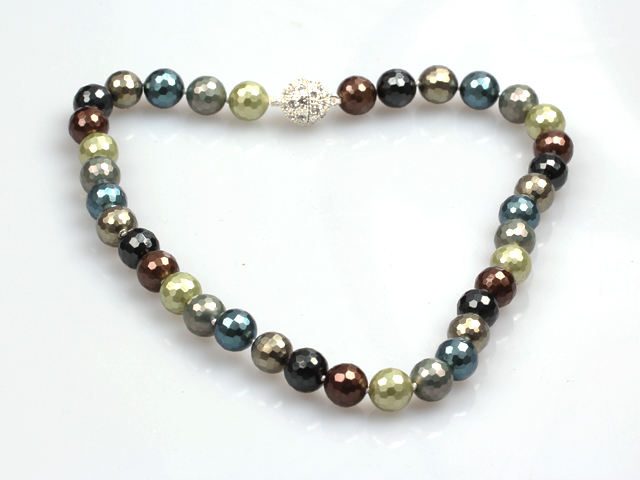 Fashion Single Strand 12Mm Multi Color Faceted Seashell Beads Necklace With Rhinestone Magnetic Clasp